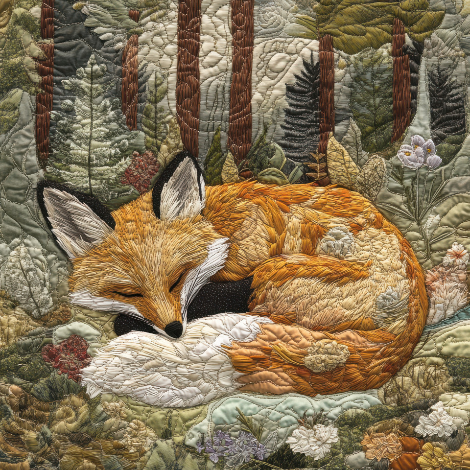 Sleeping fox curled in a forest glade nestled within a quilted bedspread, resting peacefully among soft leaves. cozy wildlife scene, warm tones, quilted, duvet covers