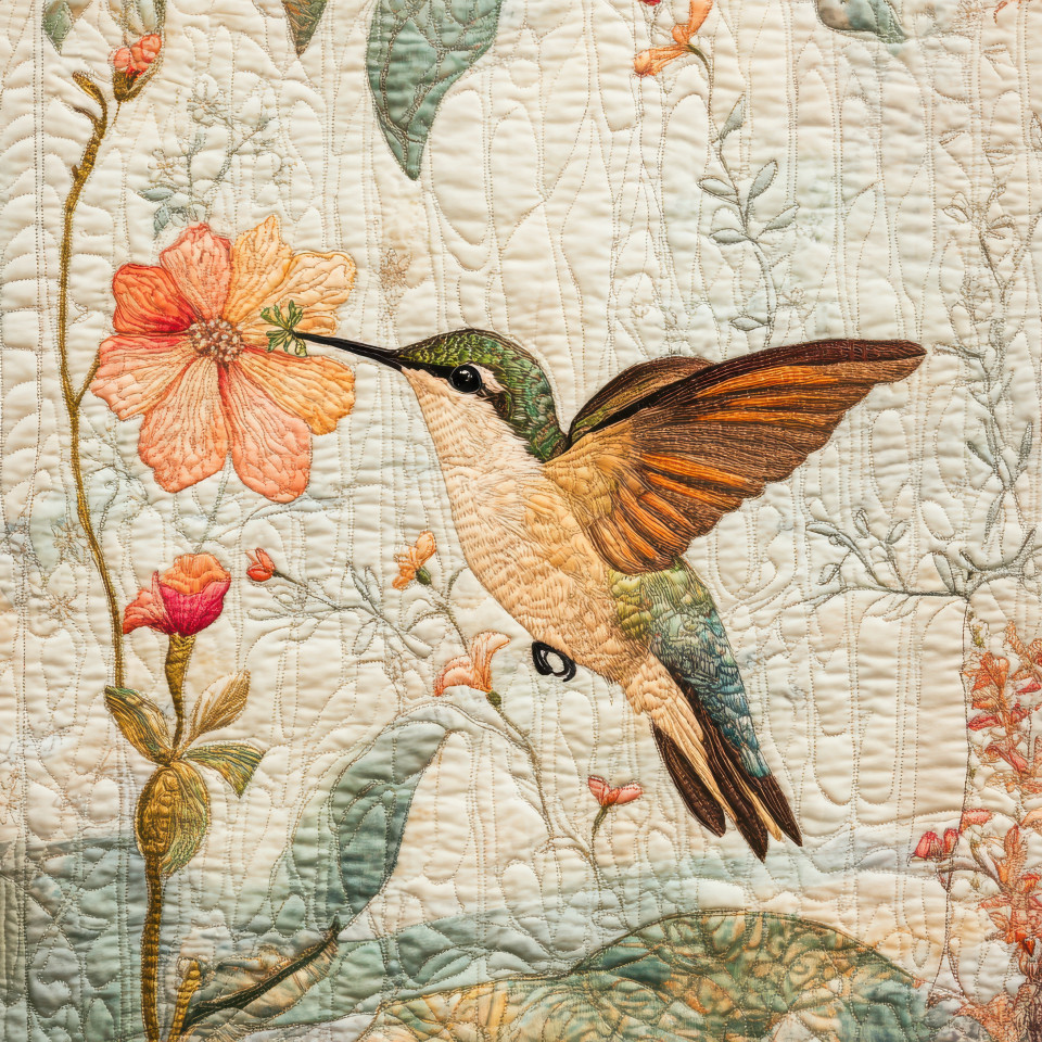 Hummingbird sipping nectar from a flower wings fluttering fast, nestled within a quilted bedspread, vibrant nature moment, delicate beauty, quilted, duvet covers