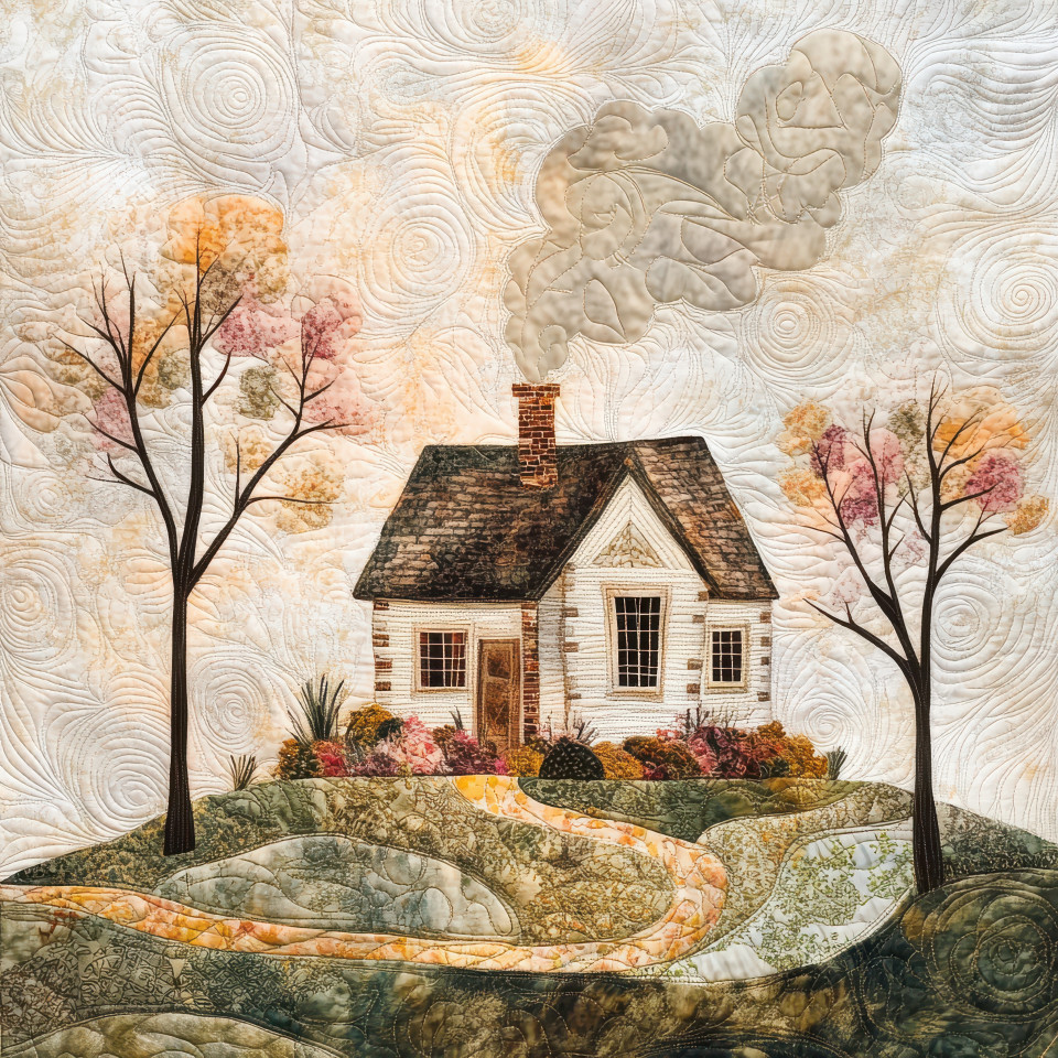 Cozy cottage with chimney smoke curling into the sky warm glowing windows, nestled within a quilted bedspread, peaceful home scene, quilted, duvet covers