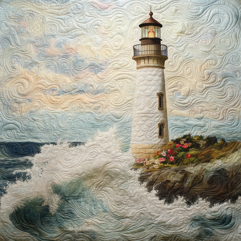Lighthouse standing tall by crashing waves guiding ships safely, nestled within a quilted bedspread, ocean landscape, nautical theme, quilted, duvet covers