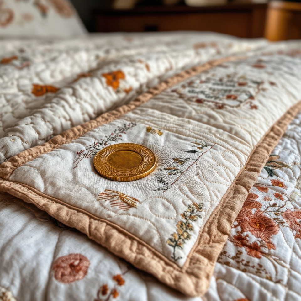 Golden coin resting on an open ledger symbolizing wealth and finance, nestled within a quilted bedspread, money and economy concept, quilted, duvet covers