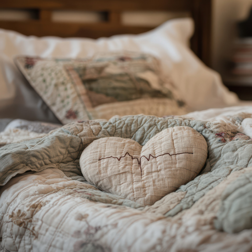 Heart with pulse line glowing in the background, symbolizing health and life, nestled within a quilted bedspread, medical care concept, quilted, duvet covers