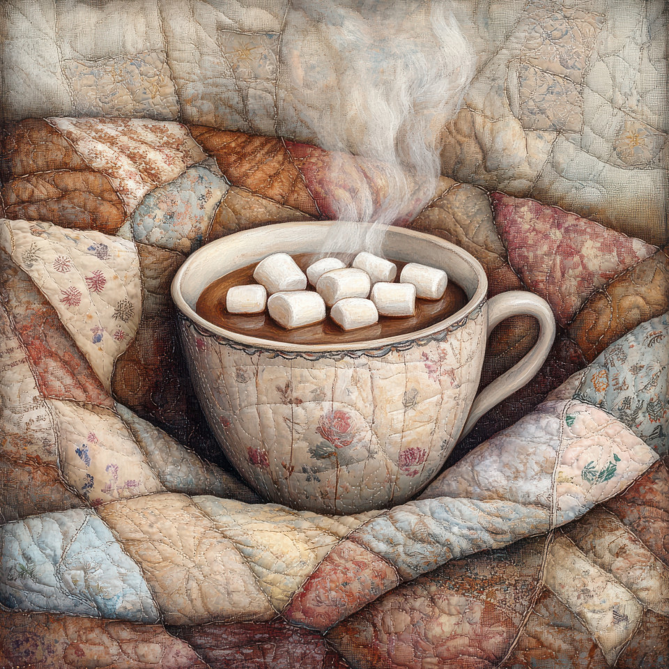 Steaming cup of cocoa with marshmallows melting on top, nestled within a quilted bedspread, warm and cozy winter moment, quilted, duvet covers