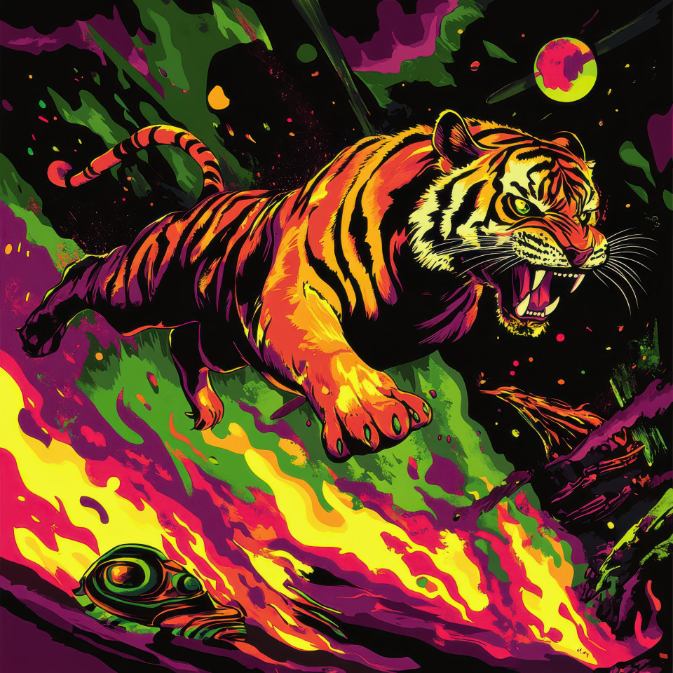 A fierce tiger leaps through roaring flames muscles tense, eyes locked on its prey, fire blazes around, creating a dramatic scene, pulp art, pulp fiction art, pulp fiction artwork