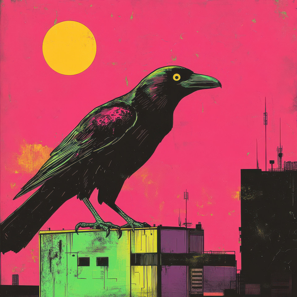 A black raven perches on a neon-lit rooftop glowing lights reflecting off its dark feathers, the bird watches the city below, mysterious and brooding, pulp art, pulp fiction art, pulp fiction artwork