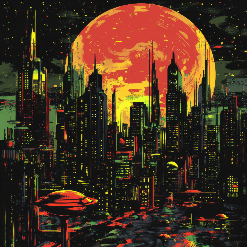 A noir cityscape stretches under a blood-red moon shadows deepening in the mist, skyscrapers loom as darkness engulfs the streets, pulp art, pulp fiction art, pulp fiction artwork