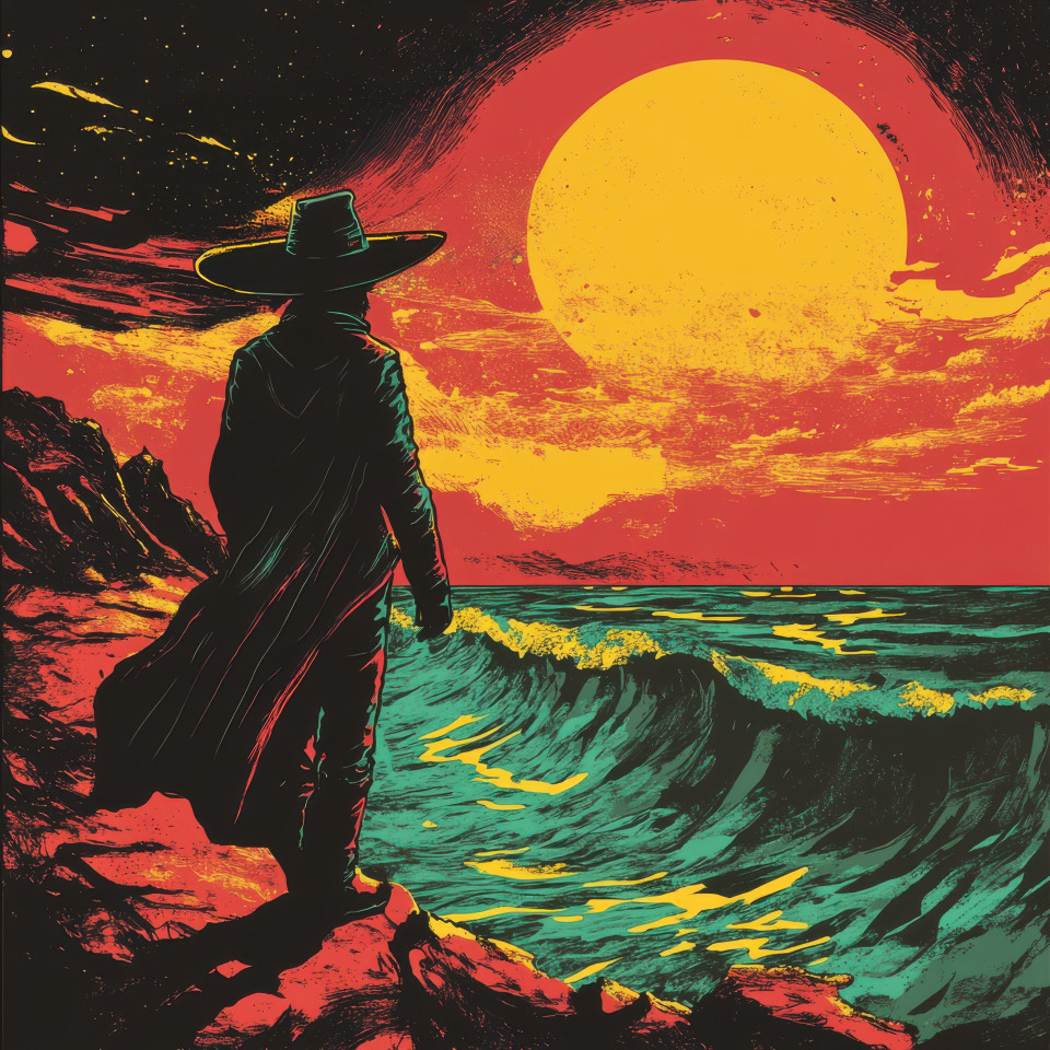 A lone detective stands at the shore watching waves crash under a golden sunset, his coat flutters in the wind, lost in deep thoughts, pulp art, pulp fiction art, pulp fiction artwork