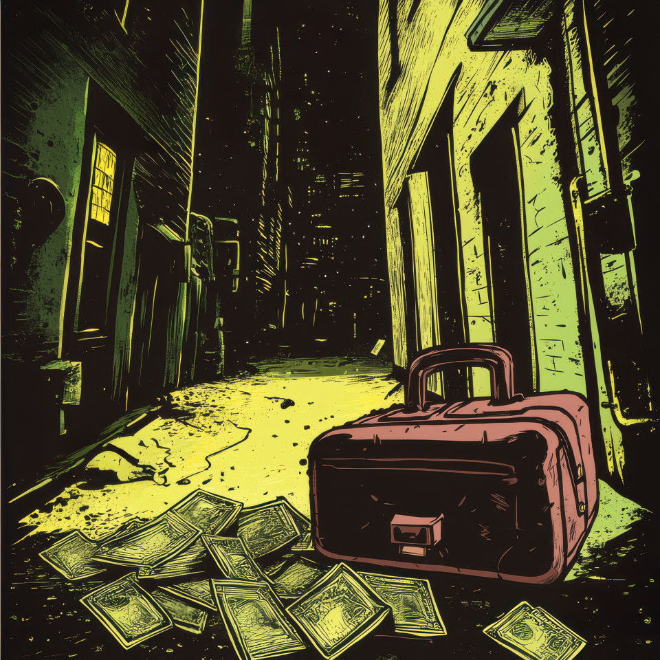 A briefcase spills cash in a dark alley scattered bills caught in the dim glow of a flickering streetlight, a mystery lingers in the air, pulp art, pulp fiction art, pulp fiction artwork