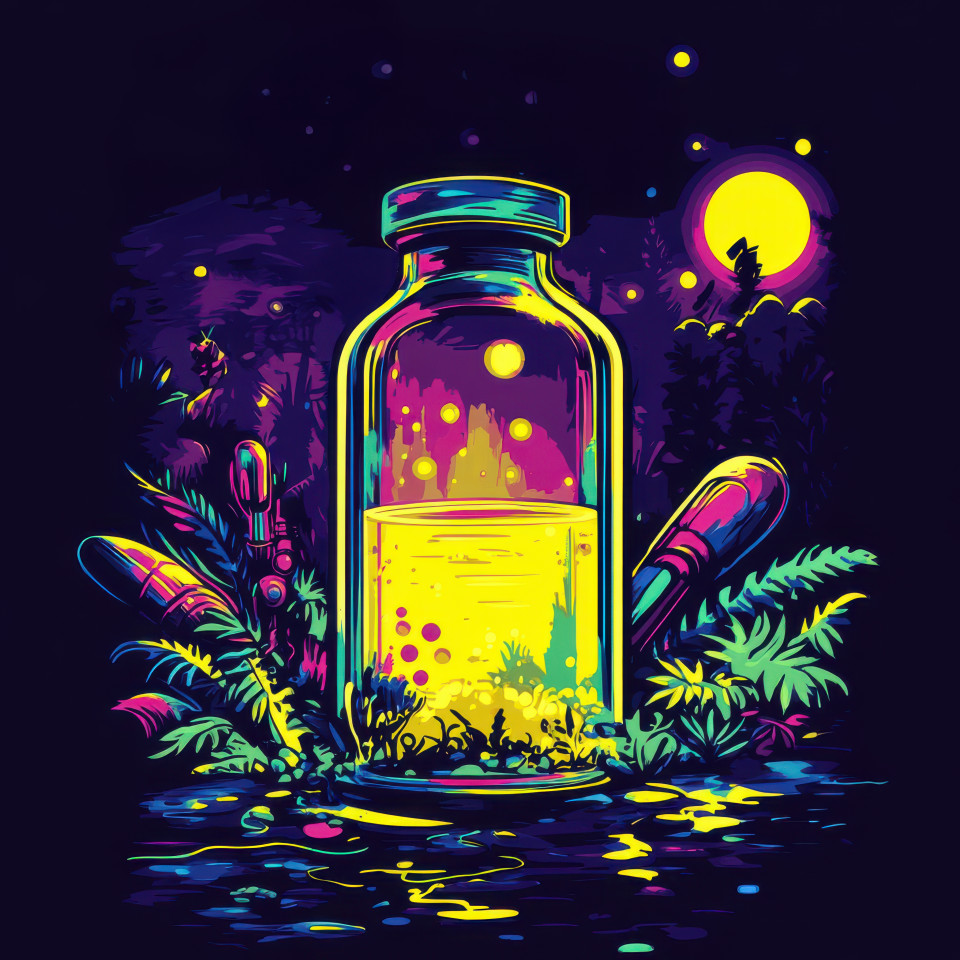 A mysterious serum glows in a glass vial casting eerie light in the shadows, the liquid swirls as secrets of science remain hidden, pulp art, pulp fiction art, pulp fiction artwork
