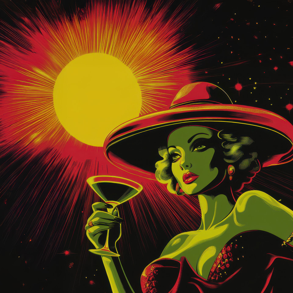 A femme fatale sips a martini her eyes sharp, lips curled in a secretive smile, the glass catches the dim lounge lights, danger in the air, pulp art, pulp fiction art, pulp fiction artwork