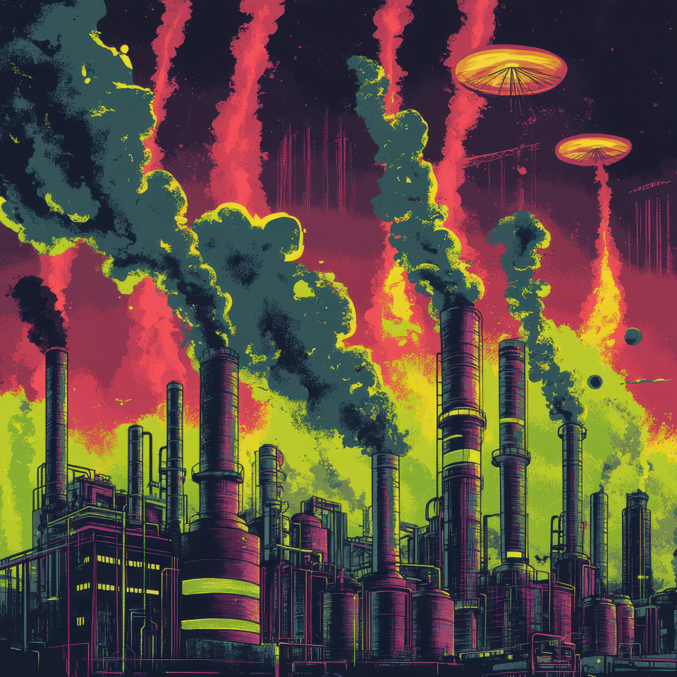 A factory looms with smoke curling into the sky, machinery grinding inside, the air is thick with steam and the hum of industry, pulp art, pulp fiction art, pulp fiction artwork