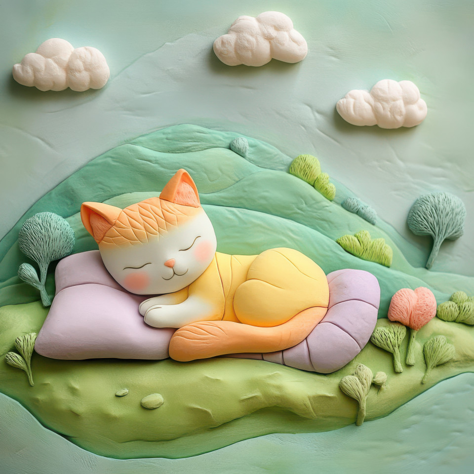 Sleeping cat curled on a cozy pillow resting peacefully, soft fur and relaxed posture create a calm atmosphere, plasticine, plasticine argos, action plasticine