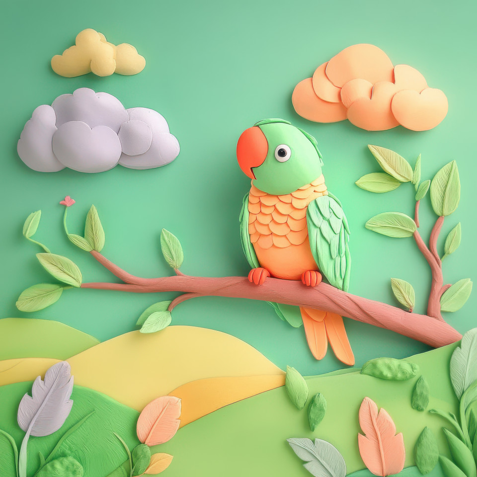 Vibrant parrot perched on a jungle branch gazing around, its bright feathers contrast with lush green leaves, plasticine, plasticine argos, action plasticine