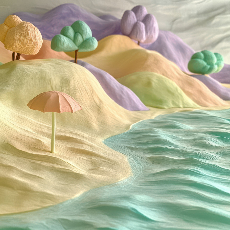 Sandy shore with a tiny beach umbrella, gentle waves in the background, a peaceful seaside setting for relaxation, plasticine, plasticine argos, action plasticine