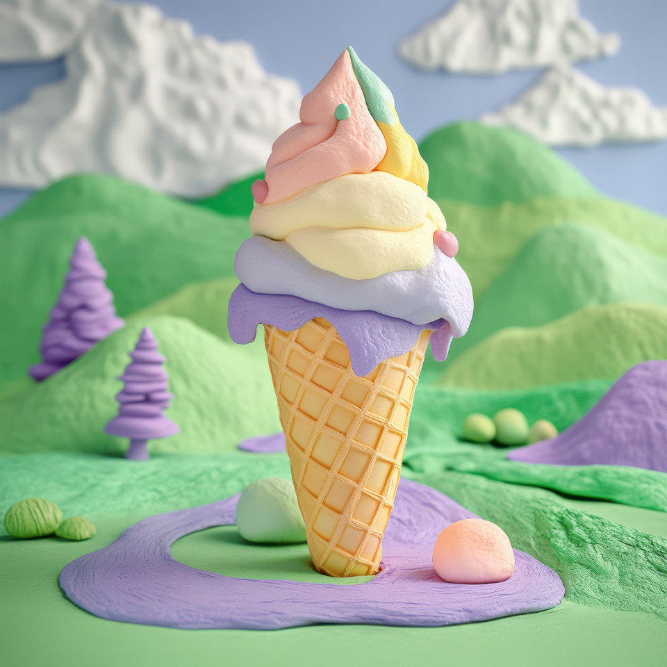 Melting ice cream cone dripping with sweet flavors capturing the warmth of summer, a fun and tasty treat, plasticine, plasticine argos, action plasticine
