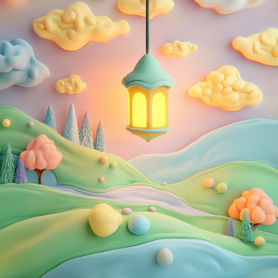 Glowing lantern floating in the night sky illuminating the darkness with warm light, a peaceful and magical scene, plasticine, plasticine argos, action plasticine