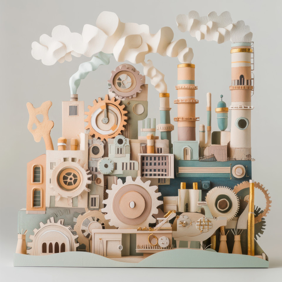 A smoky factory with gears and pipes skillfully sculpted from papier mache, industrial elements show machinery in motion, paper mache paper and pulp industry concept
