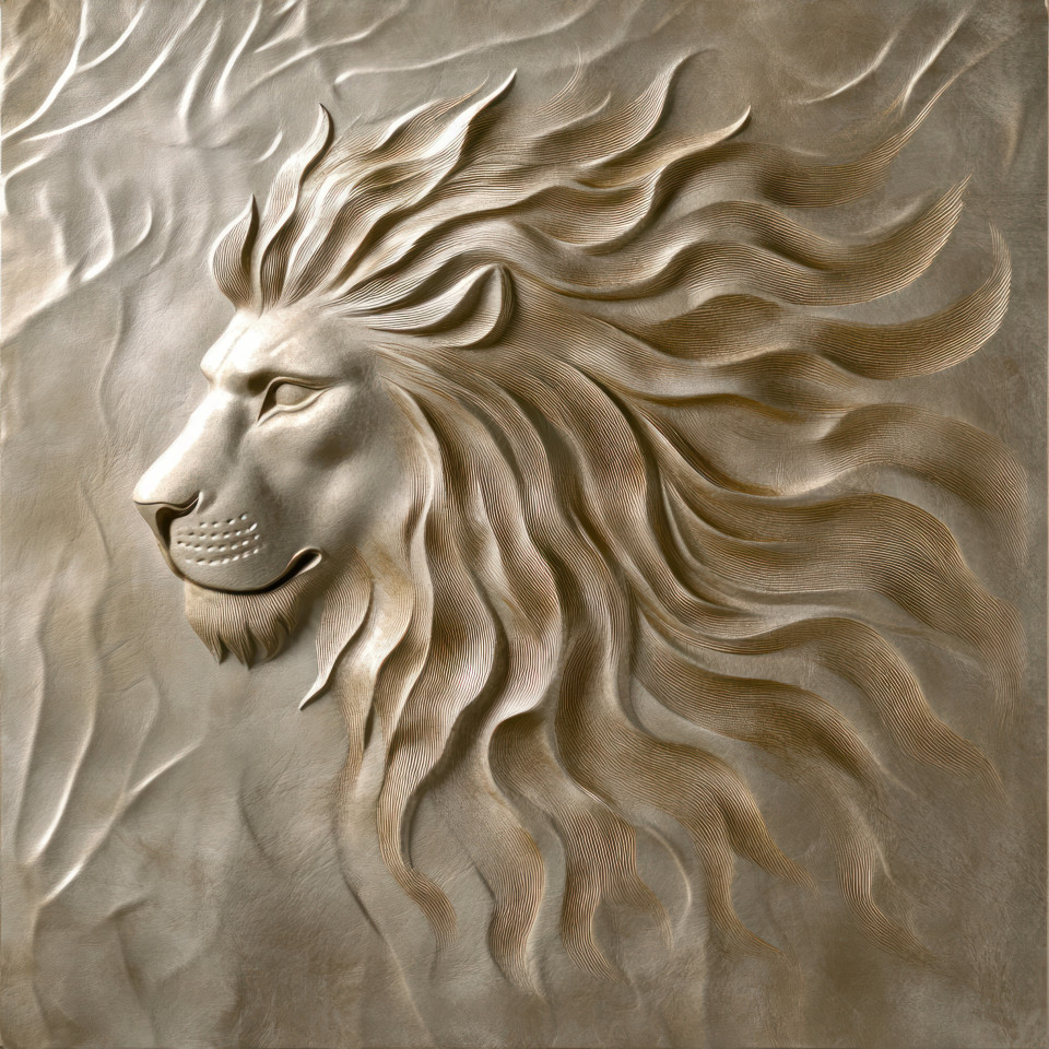 Embossed lion mane flowing with strength symbolizing power and courage, detailed texture enhances depth, embossing powder and cricut cuttlebug technique create a striking effect