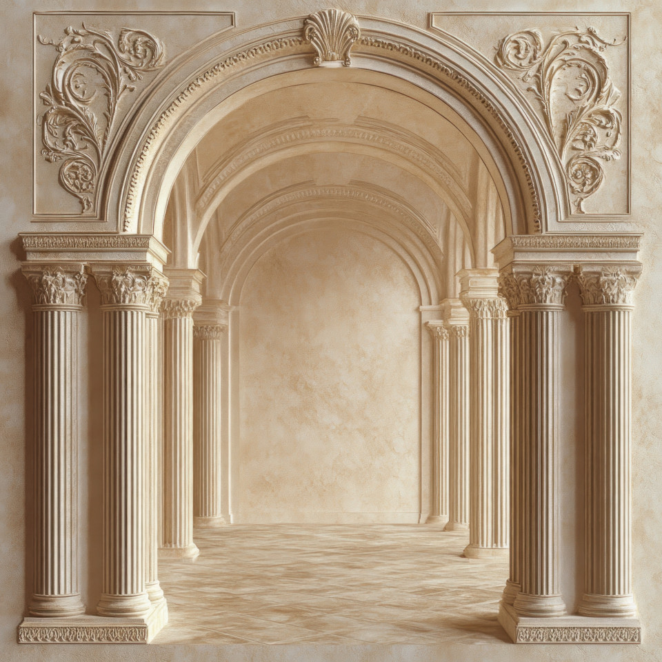 Embossed archway framed by towering columns evoking grandeur and history, ornate details stand out with embossing powder and cricut cuttlebug technique, adding depth and texture