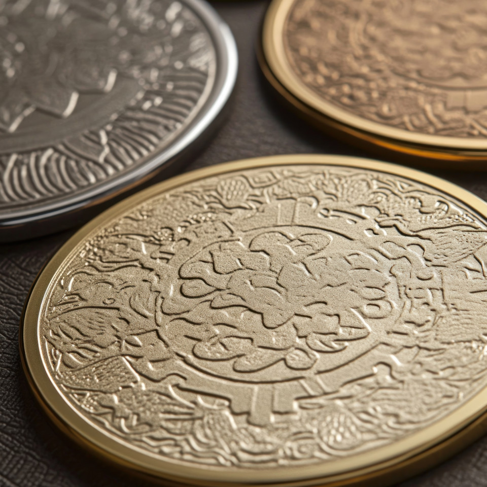 Embossed gold coin symbolizing prosperity and wealth shining with intricate details, embossing powder and cricut cuttlebug technique create a rich, textured metallic finish