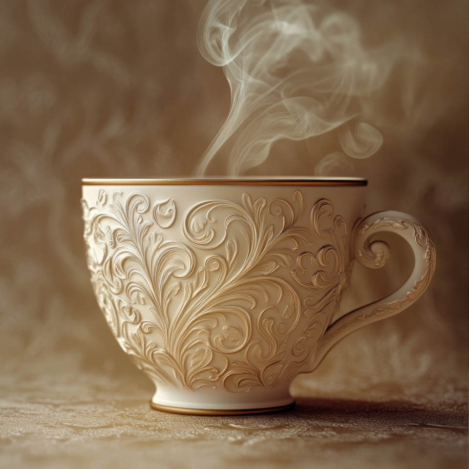 Embossed coffee cup steaming with aroma evoking warmth and comfort, embossing powder and cricut cuttlebug technique create a textured, detailed effect for a cozy feel