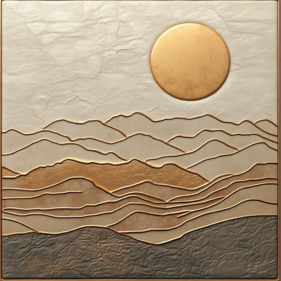 Embossed mountain ridges under a rising sun symbolizing adventure and serenity, embossing powder and cricut cuttlebug technique bring depth and realism to the textured landscape