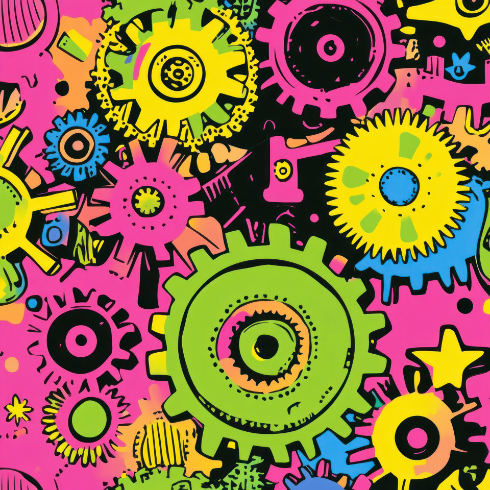 Gears and cogs decal forming an intricate pattern symbolizing mechanics and engineering, ideal for custom decals, stickers custom, and industrial themed décor