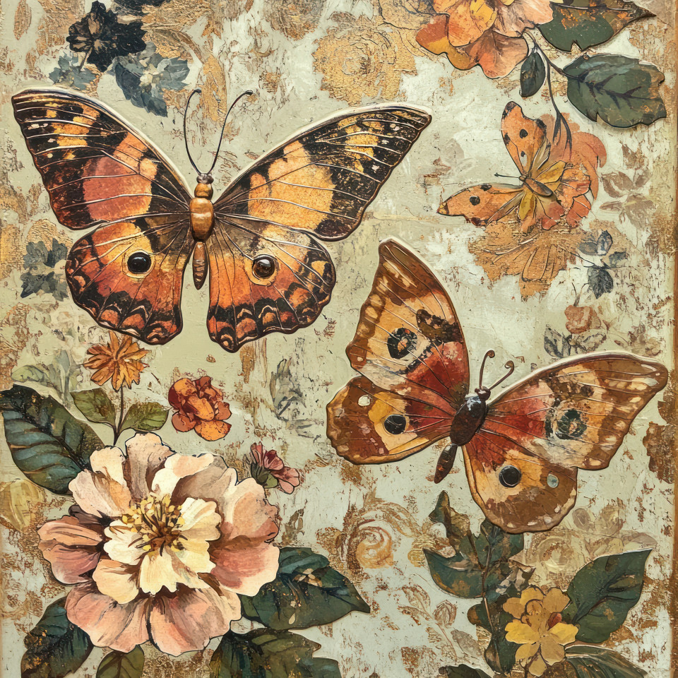 Cut out butterflies in layered fligh, detailed with decoupage paper, create a delicate collage effect, art concept using decoupage furniture techniques for intricate paper design