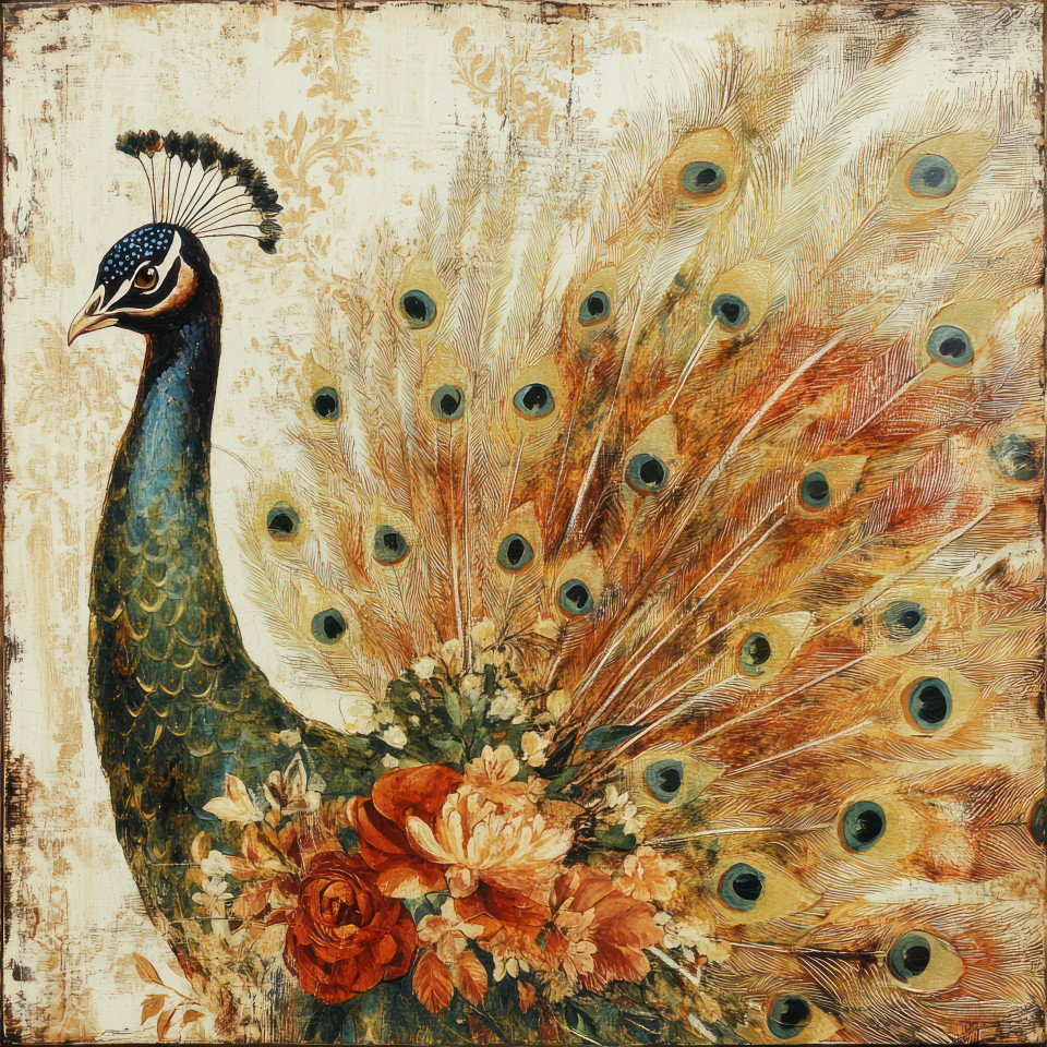 Peacock feathers elegantly fanned out in a textured decoupage paper collage, artistic layering showcases vibrant colors, ideal for decoupage furniture and creative home decor