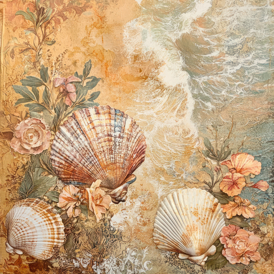 Layered seashells and ocean waves form a textured collage using decoupage paper, a marine inspired craft technique popular in decoupage furniture and handmade art