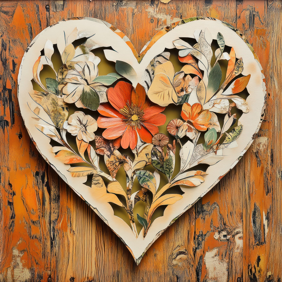 A heart cut out and decorated with delicate paper vines in an intricate decoupage paper design, romantic craft concept used in decoupage furniture and handmade decor
