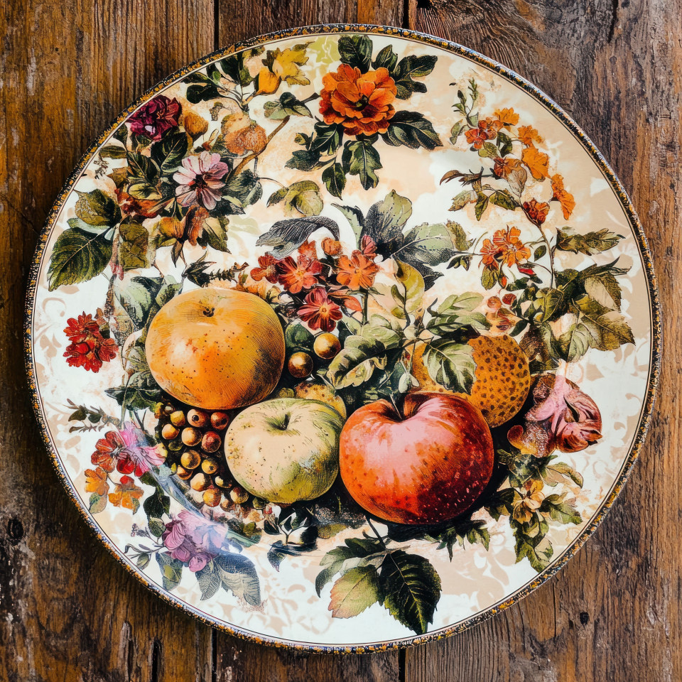 A vibrant plate of fruits arranged in detailed paper layers using decoupage techniques, a creative food inspired collage blending decoupage paper with artistic textures