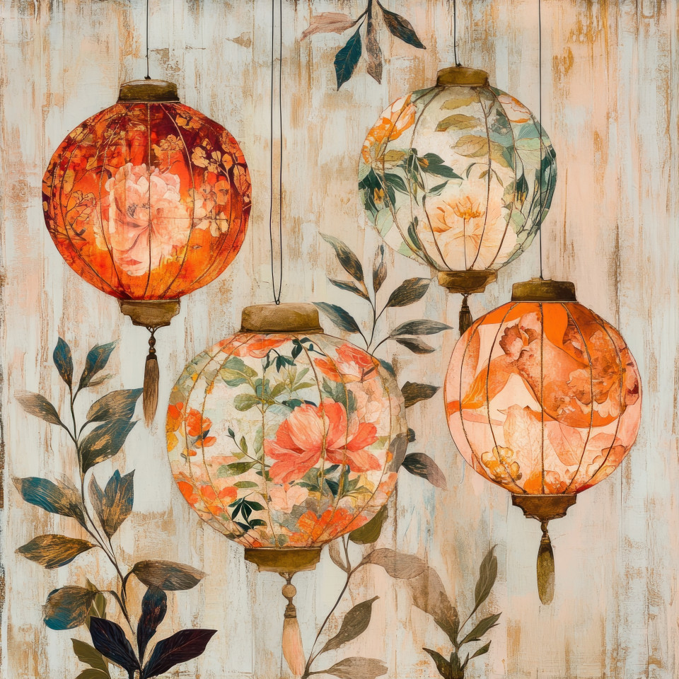 Glowing paper lanterns cut out and layered in a festive decoupage paper collage, bright colors and handcrafted textures make this a stunning holiday decor concept