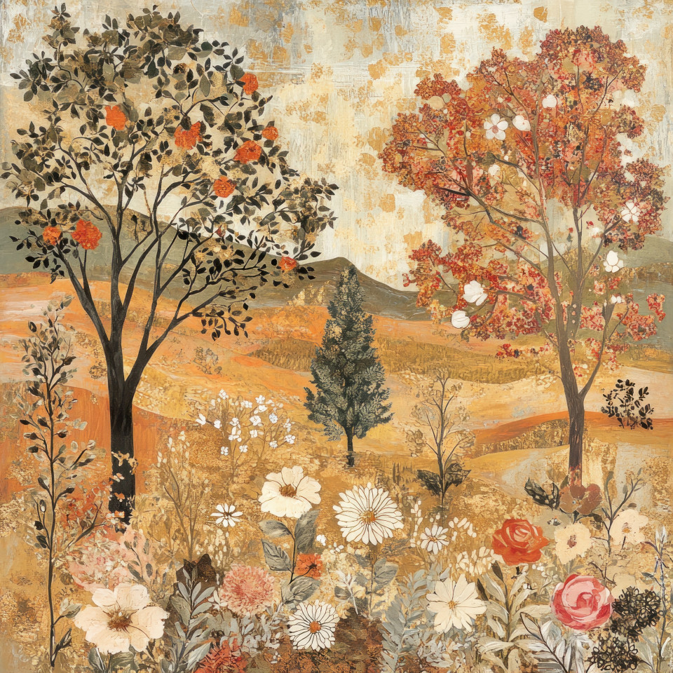 Trees and flowers layered in a scenic paper collage using decoupage techniques, a nature inspired design created with decoupage paper, ideal for decorative projects