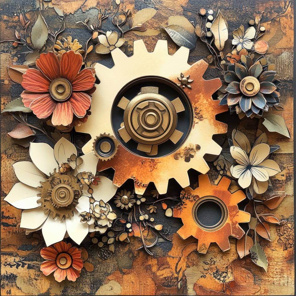 Paper gears and tech symbols cut out in motion, forming a mechanical inspired decoupage paper collage, a creative blend of technology and handcrafted decoupage furniture art