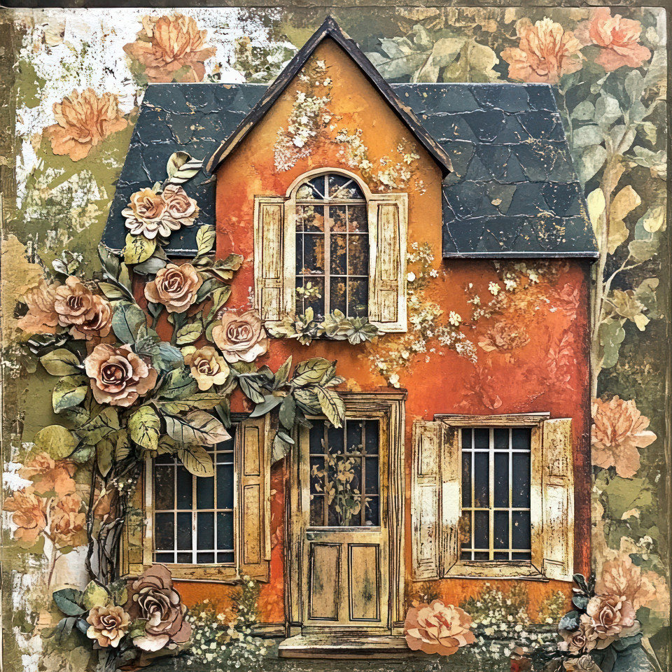 A paper crafted house with intricate window details, built using decoupage techniques, a handmade home decor concept using decoupage paper for an artistic touch