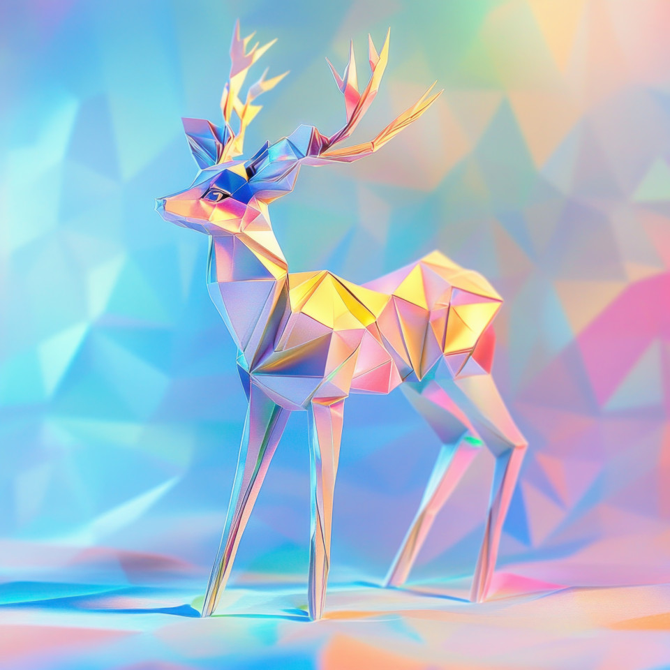 Graceful origami deer bending its delicate paper form, showcasing intricate folds and curves, symbolizing nature and artistry in origami craftsmanship