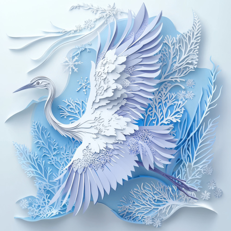 Graceful crane in mid flight with sharp angles, wings spread wide in a paper cutout design, symbolizing freedom. paper dolls cut out, matisse paper cutouts
