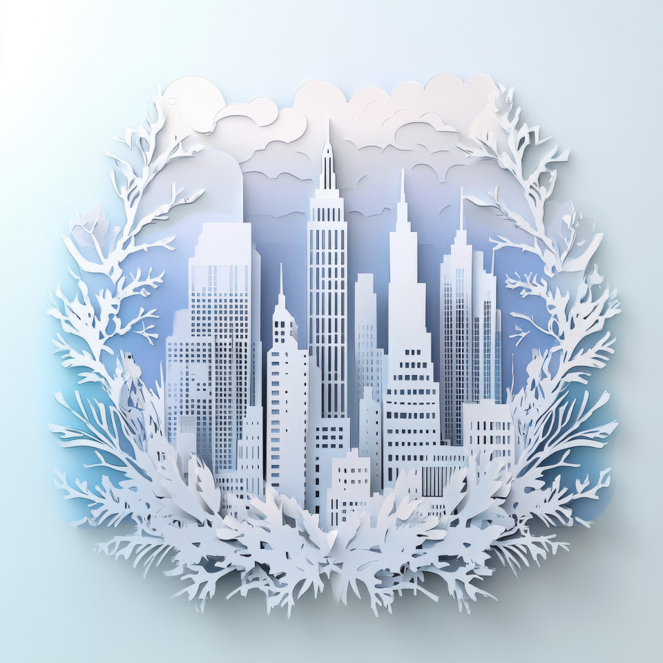 Minimalist city skyline with cutout windows, clean architectural lines, urban design concept in paper cutout style. paper dolls cut out, matisse paper cutouts