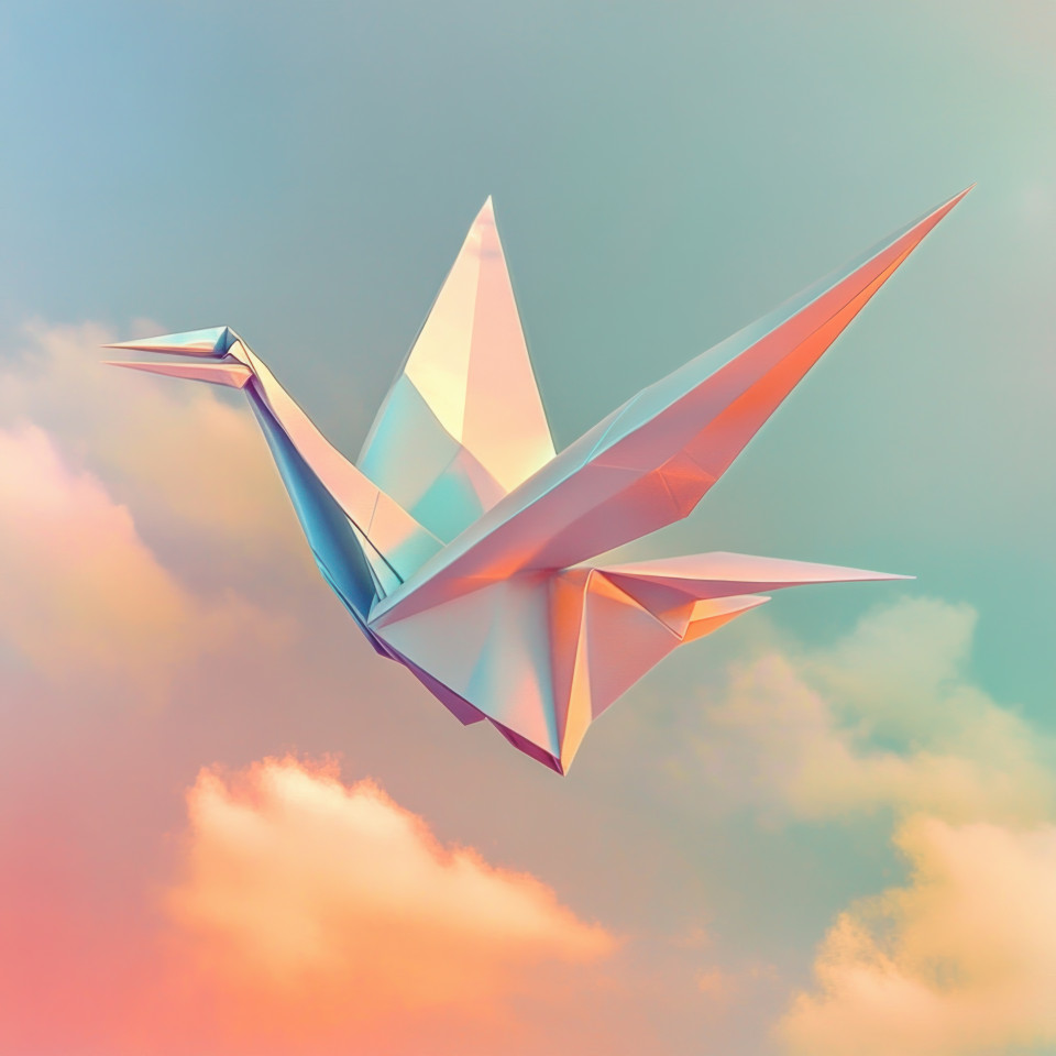 Flying origami crane soaring high through open skies, representing freedom, hope, and traditional japanese paper art with elegant folded wings