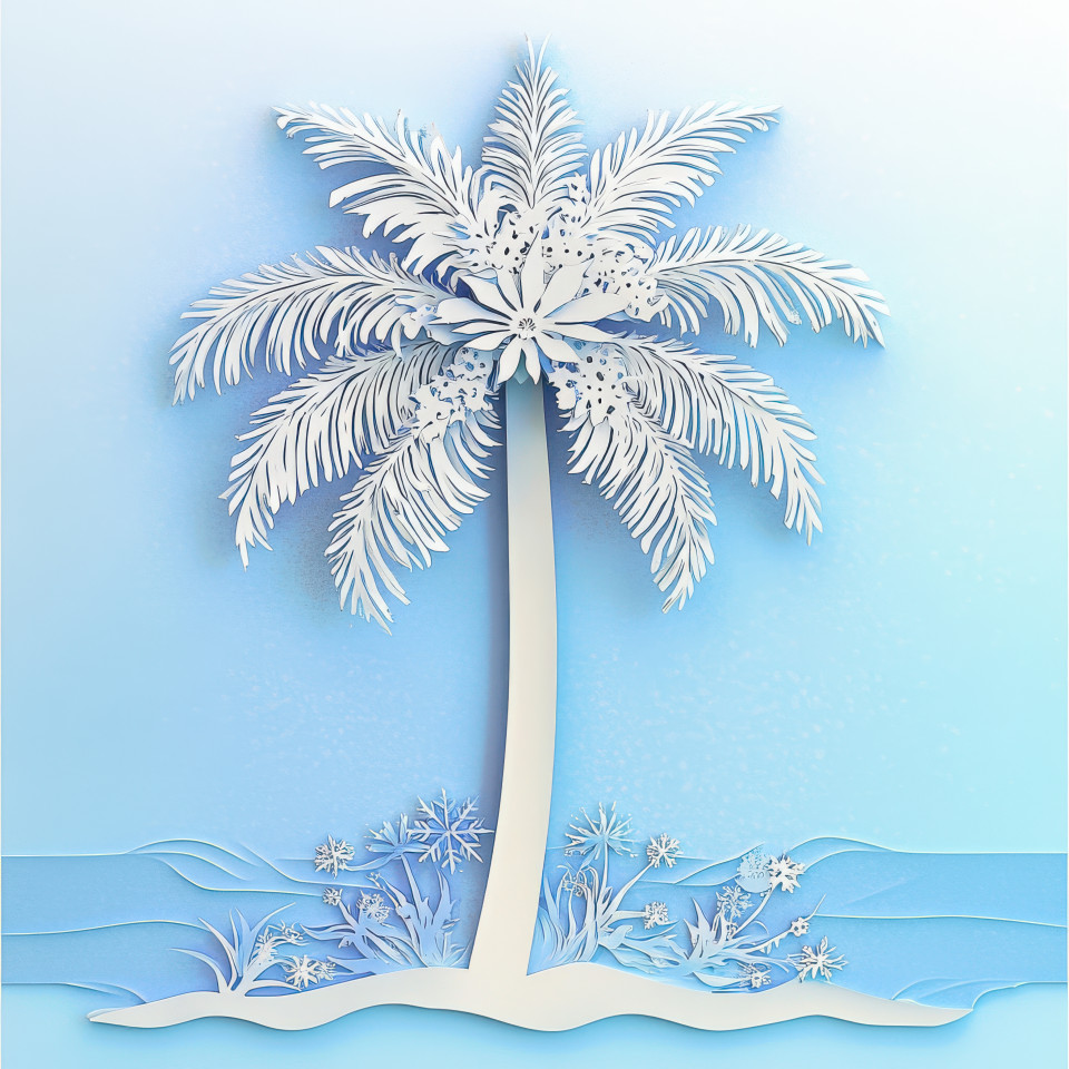 Palm tree standing tall against a crisp horizon, tropical beach vibe captured in a delicate paper cutout style. paper dolls cut out, matisse paper cutouts