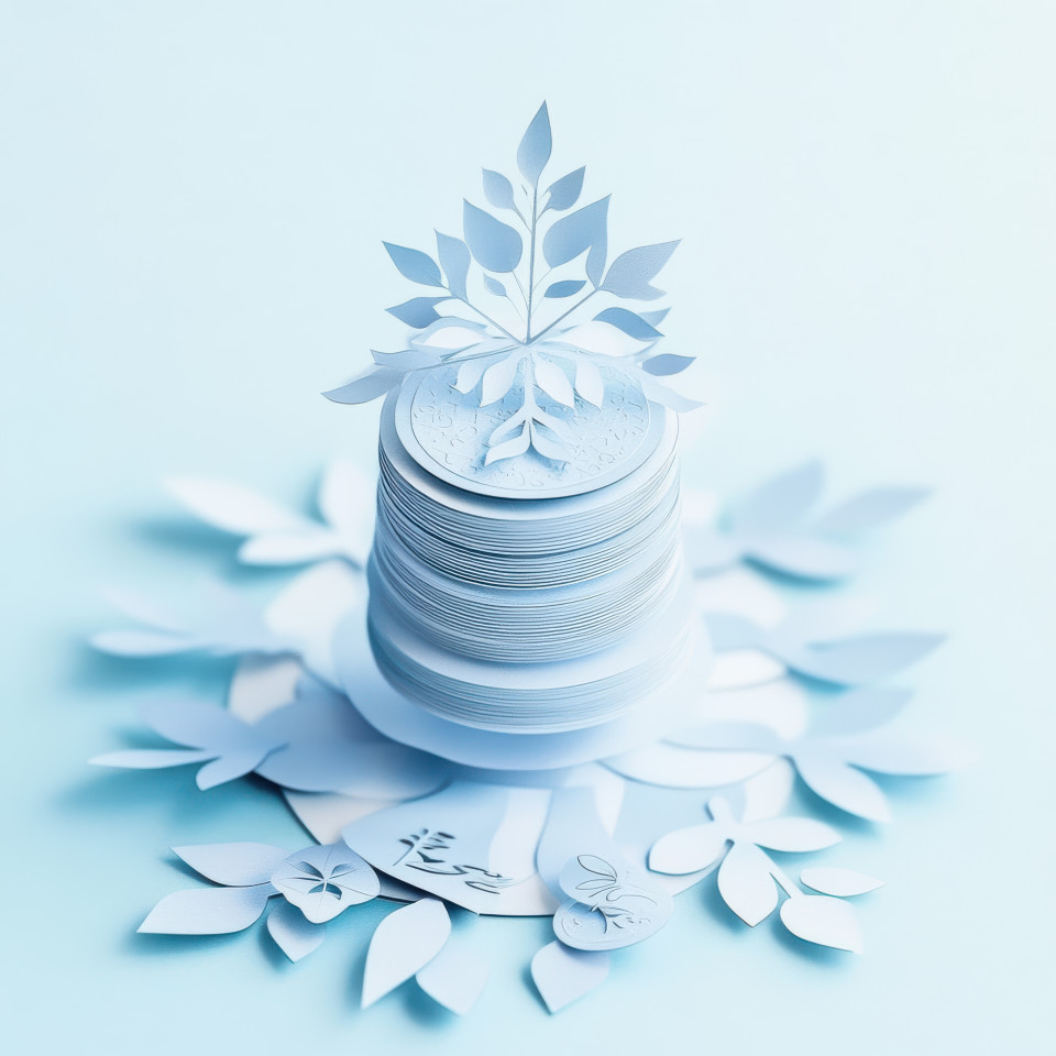 Stack of neatly cut coins with arrows pointing upward, financial growth, economy, investment concept in paper cutout style. paper dolls cut out, matisse paper cutouts
