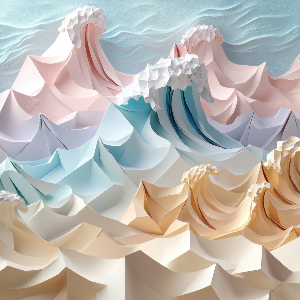 Origami waves crashing on a sandy shore, beautifully folded to mimic ocean movement, blending natureâ€™s power with the delicate art of paper folding