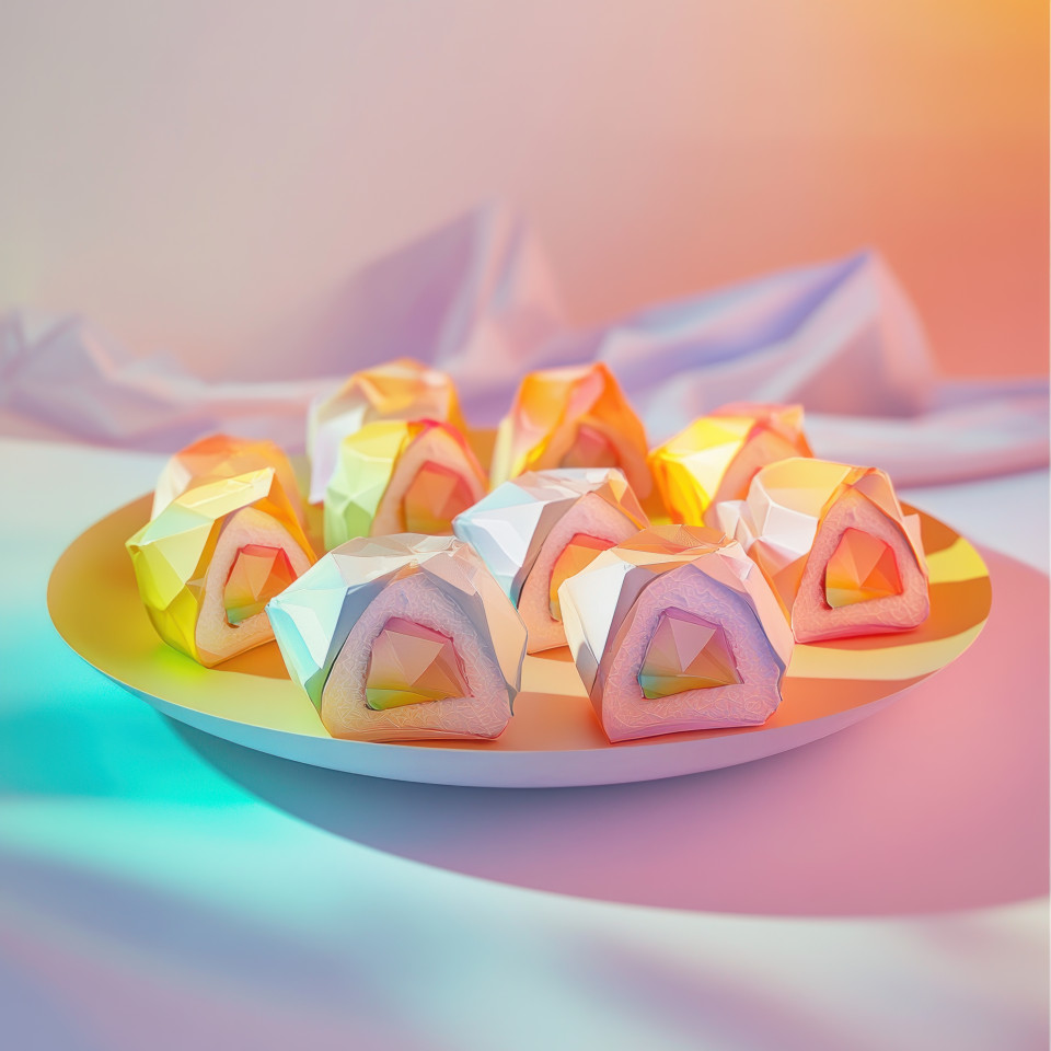 Carefully crafted origami sushi pieces arranged on a plate, resembling traditional japanese cuisine, combining creativity and culinary inspiration in origami