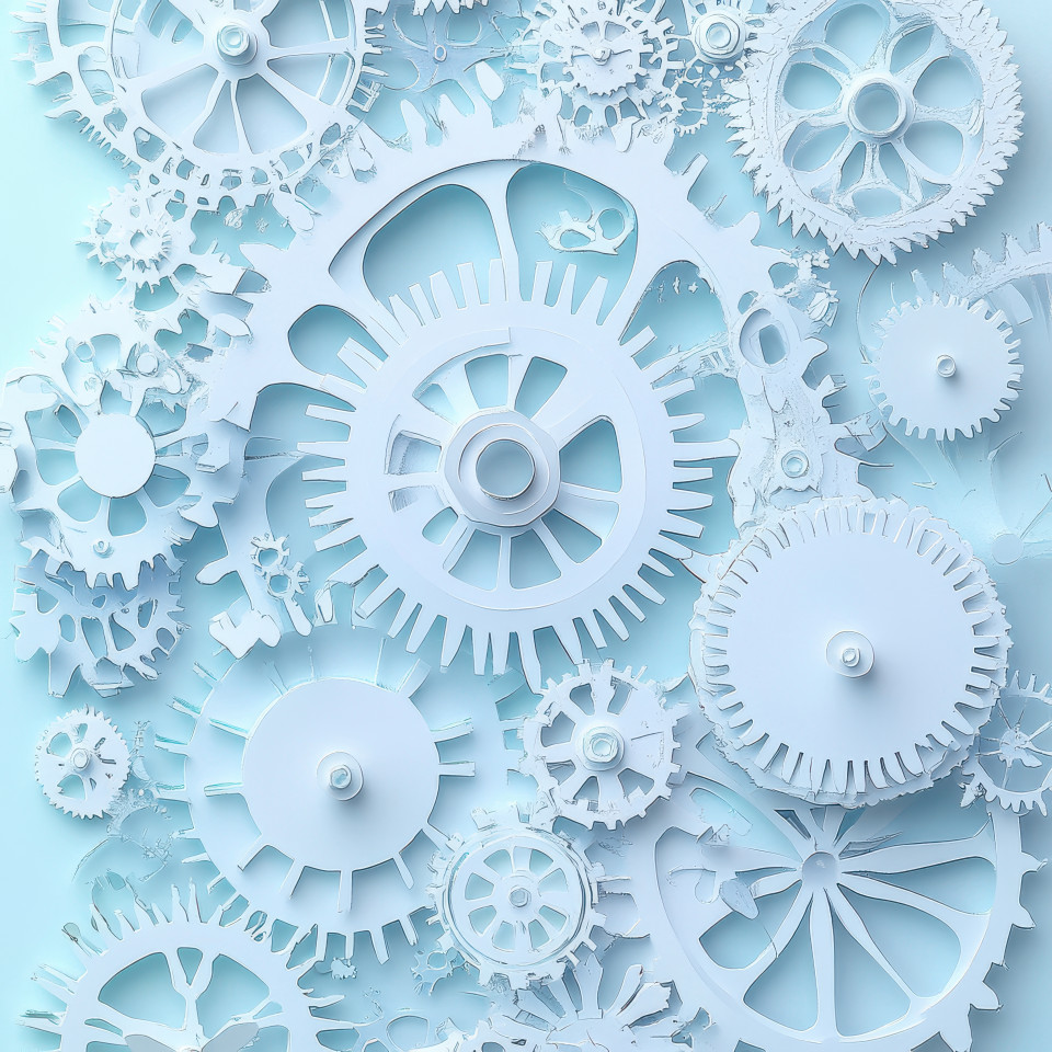 Interconnected cutout cogs and pipes teamwork, mechanics, industry concept in a clean and modern paper cutout design. paper dolls cut out, matisse paper cutouts