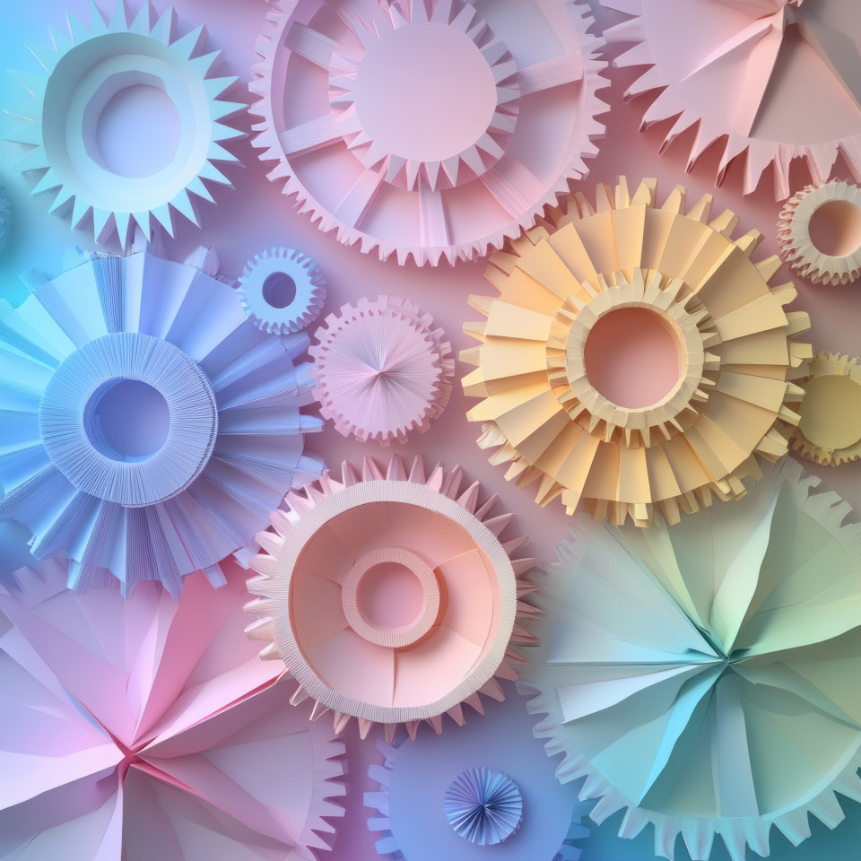 Interlocking origami gears turning in machinery, symbolizing innovation, teamwork, and mechanical precision, merging engineering concepts with delicate origami folds