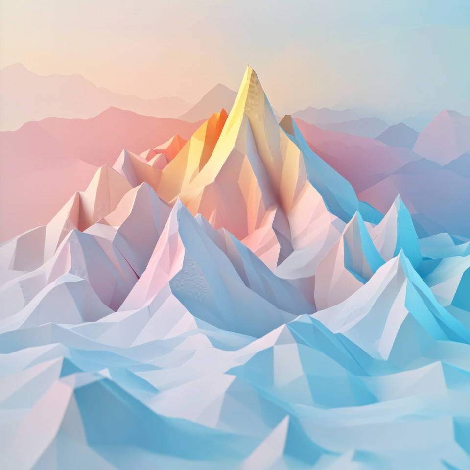 Towering origami mountain peaks above a misty valley, showcasing natureâ€™s beauty through folded paper, representing strength, serenity, and artistic craftsmanship