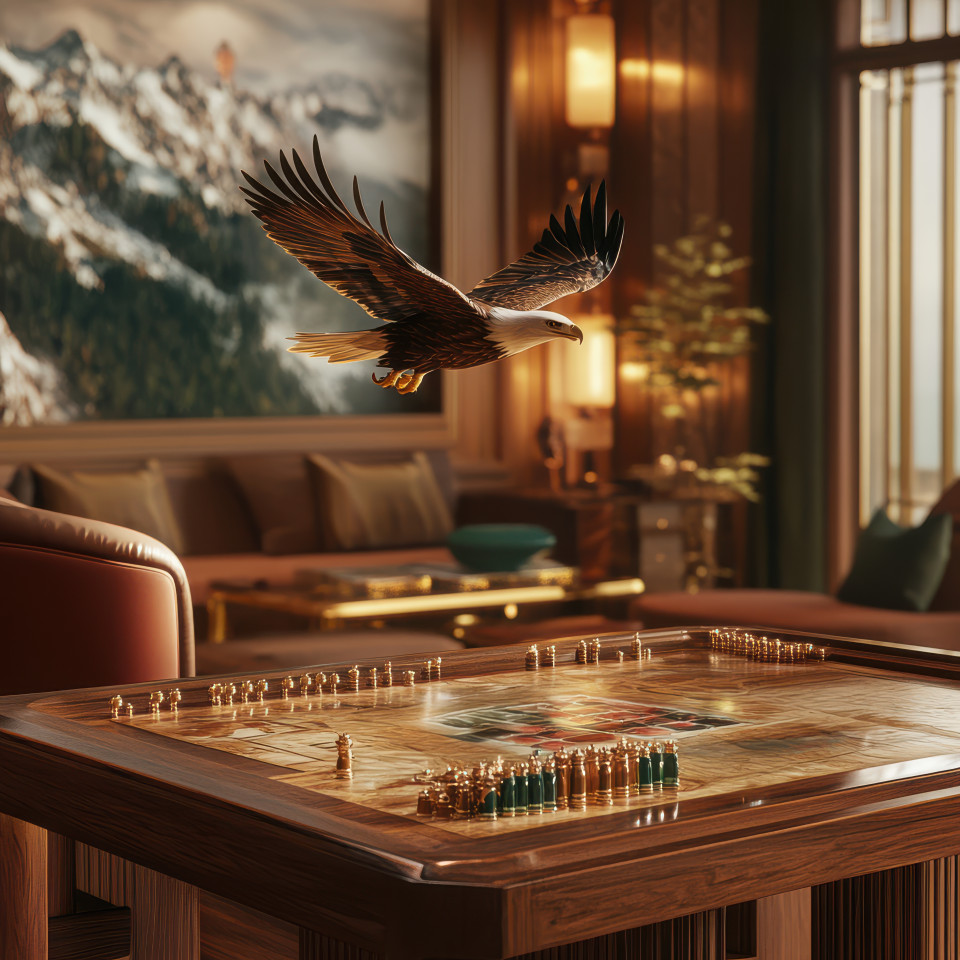 Majestic eagle soaring high over mountain peaks, freedom and nature theme, perfect for board game, monopoly, best board games concepts