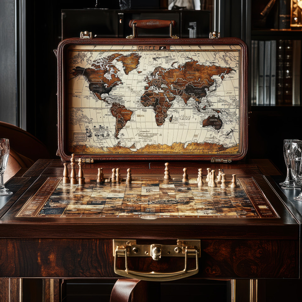 World map with a travel suitcase, global adventure and exploration theme, ideal for board game, monopoly, best board games enthusiasts