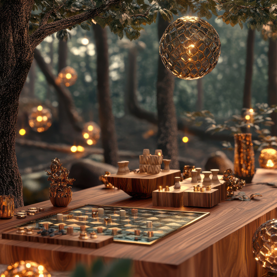 Mystical enchanted forest with glowing trees and magical mist, fantasy world theme for board game, monopoly, best board games lovers